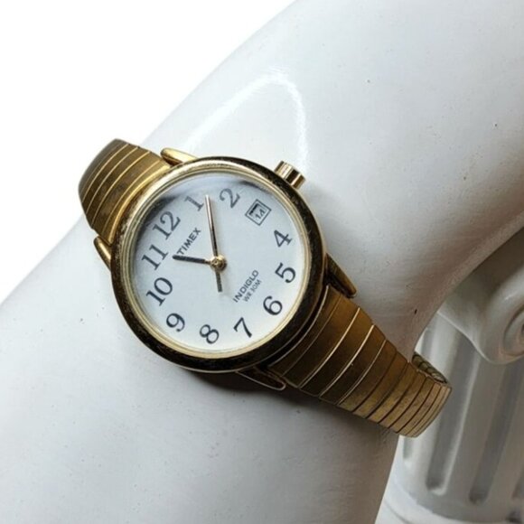 Vintage Womens Timex Indiglo WR30M Gold Tone Stretch Band Watch - Picture 1 of 7